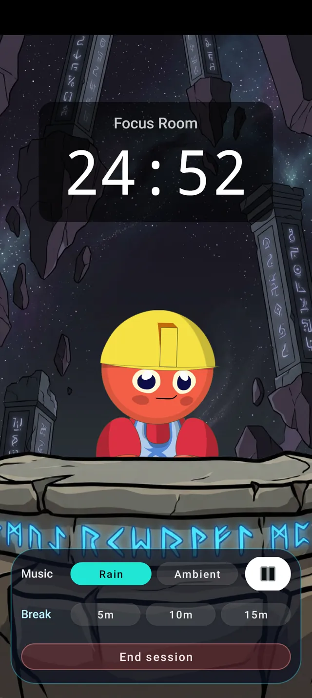 Lumie in the focus room with a live timer, music and break controls
