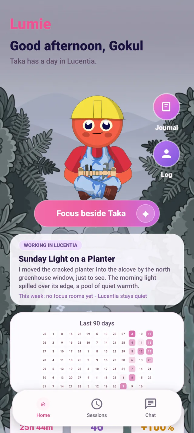 Lumie home screen: Taka working in Lucentia, focus button, journal snippet and 90-day heatmap