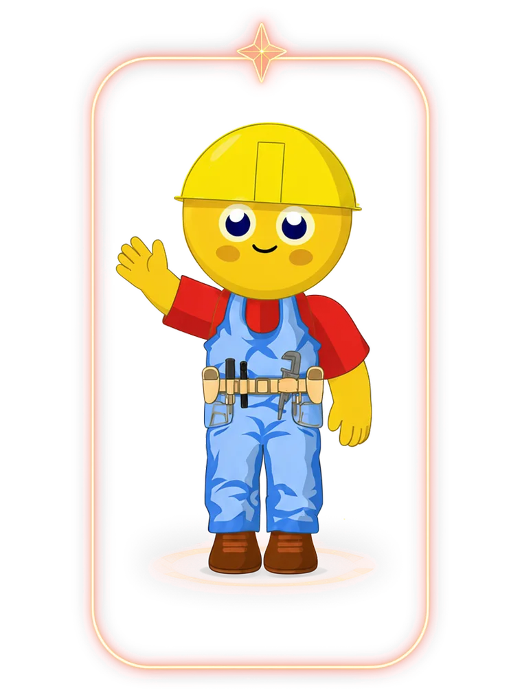 Boy Lumie — a small glowing companion in overalls and a yellow hard hat, waving