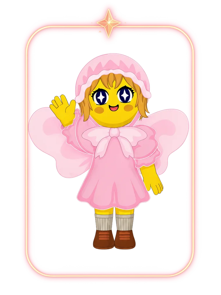 Girl Lumie — a small glowing companion in a pink fairy dress, waving