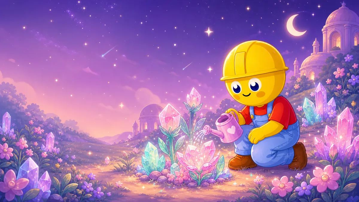 Lumie watering glowing crystals in the crystal garden