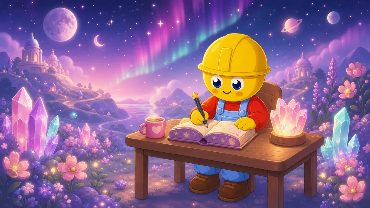 Lumie writing in a journal at a wooden desk under the aurora