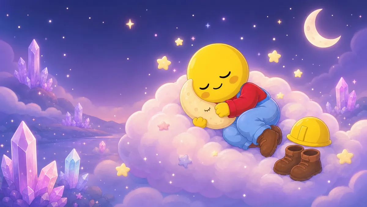 Lumie asleep on a cloud hugging a crescent moon